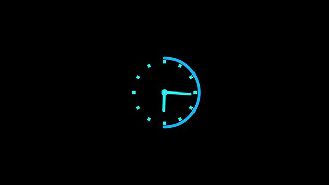 cyan clock on black background animation day time. Footage. Transparent background. Alpha channel.