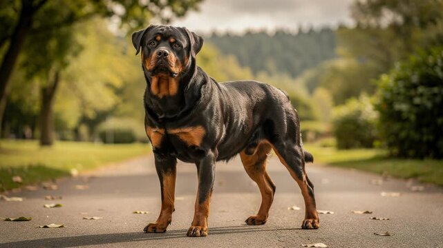 Strong Rottweiler dog standing on a paved path in a green park with trees and soft natural light