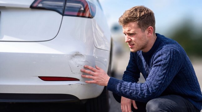 Man inspecting car damage after accident checking bumper scratch dent collision white vehicle outdoor road insurance claim repair maintenance cost automotive trouble worry stress.
