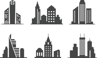 Obraz premium Minimalist black and white skyscraper and city building icons collection featuring modern urban architecture vector illustration set
