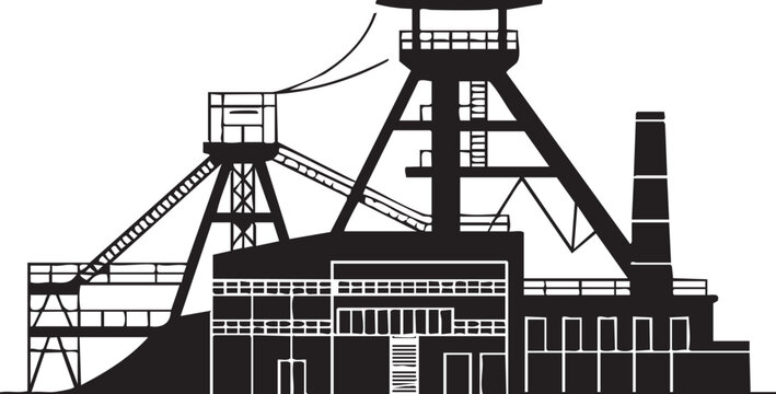 Black silhouette of an industrial mine shaft headframe building isolated on a plain white background for heavy engineering design projects
