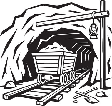 A wooden mining cart filled with raw ore sits on metal tracks inside a dark tunnel entrance with a lantern