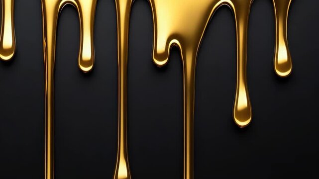 Golden liquid flows and drips down a dark surface. Bright light highlights the shiny texture. The movement shows the fluid nature of the substance in a simple way