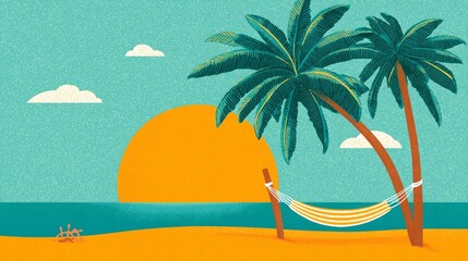 Fototapeta premium Empty yellow hammock strung between two palm trees on a sandy tropical beach at sunset, bold orange sun over teal ocean, retro textured digital illustration