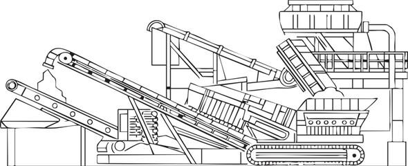 Fototapeta premium Black and White Mobile Crushing and Screening Plant Illustration with Conveyor Belts and Hopper