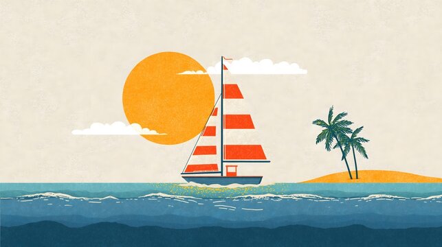 A minimalist vintage illustration featuring a striped sailboat sailing across a blue ocean with a large orange sun and tropical palm trees.