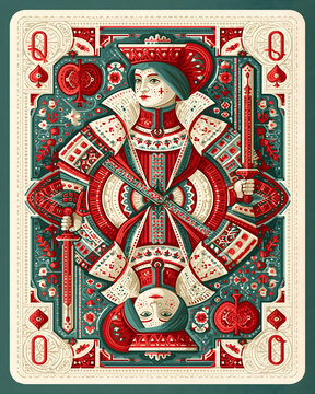 Decorative Queen Playing Card Illustration with Ornamental Details and Vintage Fantasy Design