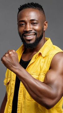 A confident Black man showcases his strong physique in a studio. He wears a yellow sleeveless shirt over black, smiling while flexing his bicep against a neutral grey background