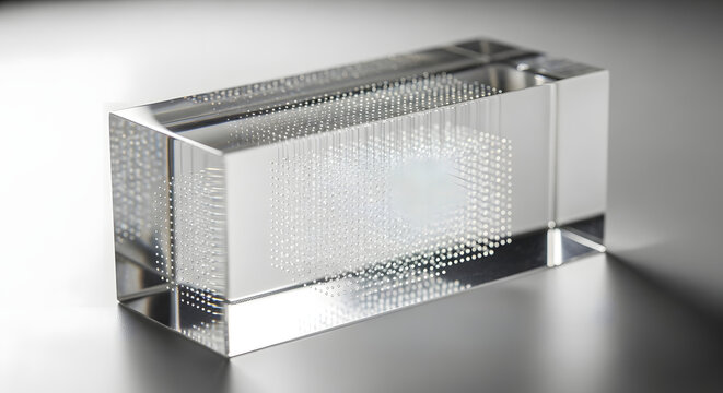 Clear polished optical crystal glass brick featuring an internal 3D laser etched data matrix grid, futuristic concept for holographic high density optical data storage technology