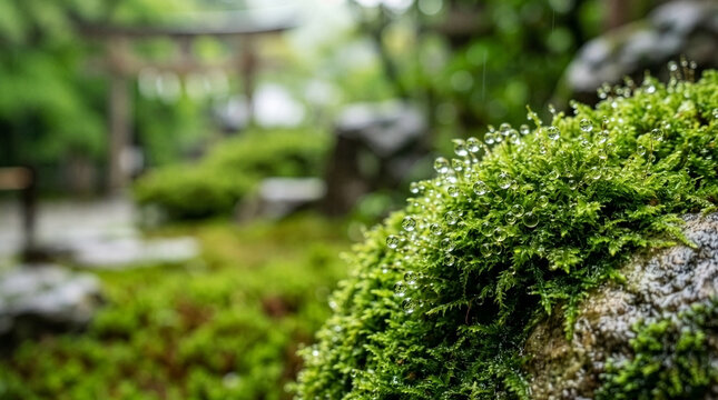 Zen Mindfulness: Macro Shot of Vibrant Green Moss with Sparkling Rain Droplets in a Pristine Japanese Garden