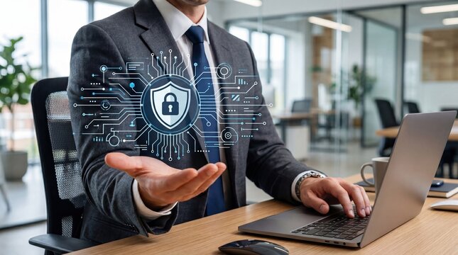 Businessman hand holding digital shield icon with lock symbol, representing cybersecurity protection, data privacy and network security technology concept in office