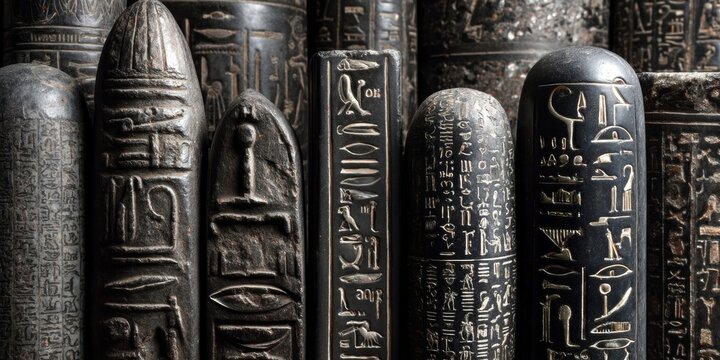 Ancient Egyptian Hieroglyphs Carved into Stone Pillars.