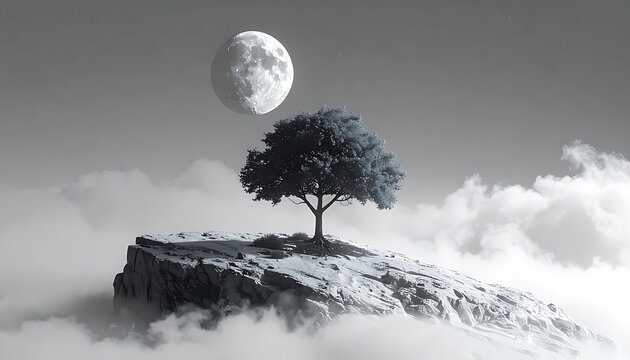 Pixelated tree on a rocky island floating in clouds under a full moon, surreal dreamscape, monochrome digital art