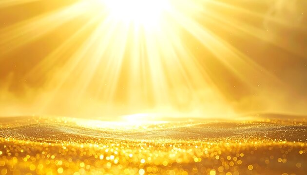 Radiant golden sunbeams breaking through clouds over shimmering golden ground, abstract celebration and luxury, hopeful and divine light