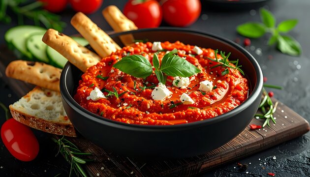Rich tomato dip topped with feta cheese and fresh basil, served with breadsticks and cucumber slices on a rustic wooden board, appetizing food photography for culinary concepts