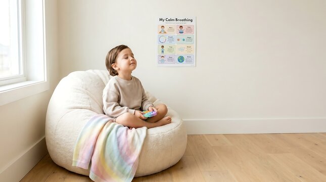 Child relaxing on bean bag chair during calm sensory break time