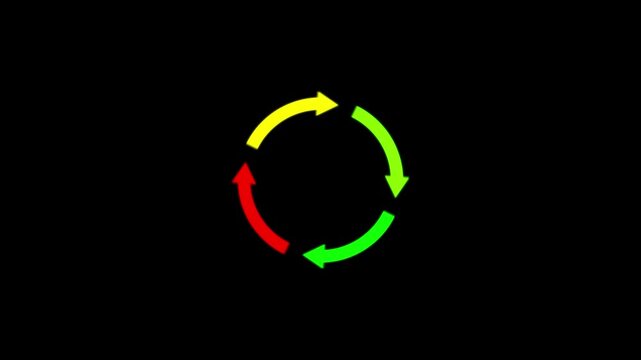 Four colorful rotate arrow animation on a black background, animated reload arrow icon sign with alpha channel.