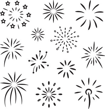 Hand drawn doodle style fireworks collection featuring various decorative explosion shapes isolated on a clean white background for holiday designs
