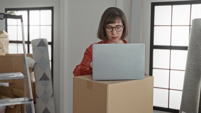 Woman typing on laptop atop a cardboard box in building during the move; focus transition resilience.