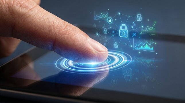 Biometric financial security authentication with glowing digital network and human finger touching dark glass

