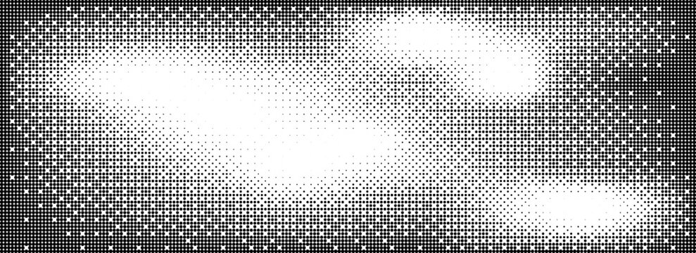 Pixelated bitmap gradient texture. Black and white dither pattern background. Abstract glitchy pattern. 8 bit video game screen wallpaper. Wide raster backdrop. Retro pixel art Illustration. Eps10
