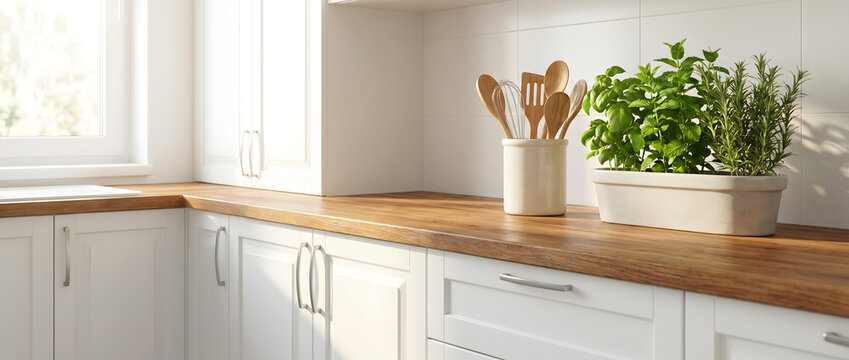 Modern white kitchen cabinet corner with wooden countertop featuring green herbs and wooden cooking utensils in natural sunlight