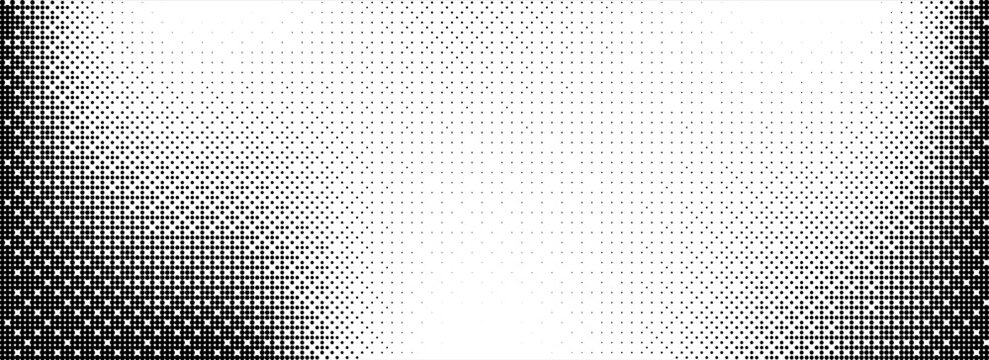 Pixelated bitmap gradient texture. Black and white dither pattern background. Abstract glitchy pattern. 8 bit video game screen wallpaper. Wide raster backdrop. Retro pixel art Illustration. Eps10