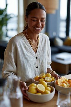 Workplace wellness coordinator arranging fruit bowls and water in meeting area