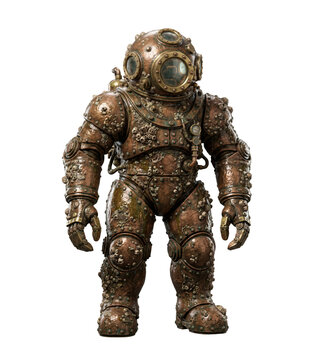 Vintage brass deep sea diving suit isolated. Steampunk antique armor.