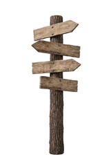 Fototapeta premium Wooden tree trunk signpost with arrows isolated. Rural directional guide template.