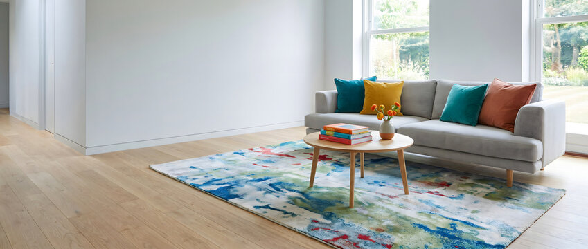 Modern living room with gray sofa colorful cushions and abstract patterned rug on wooden floor