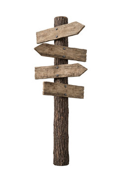 Wooden tree trunk signpost with arrows isolated. Rural directional guide template.