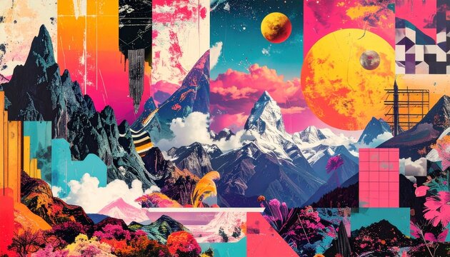 ネオンカラーの幻想的な山岳と宇宙コラージュ背景｜山 惑星 星空 抽象 デジタルアート