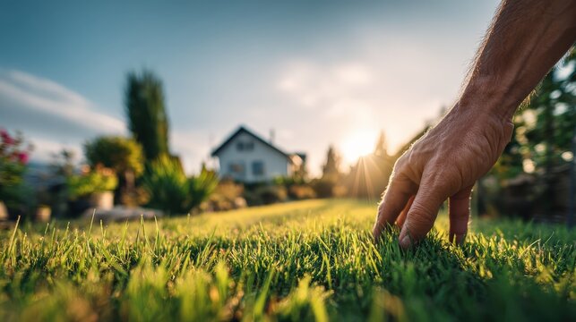 Hand touches fresh green grass in a sunny backyard with a blurred house in the background.