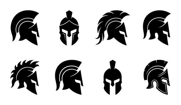 Ancient Spartan Warrior Helmets Collection, Greek Soldier Headgear Icons, Historical Military Armor Silhouettes, Black Vector Set