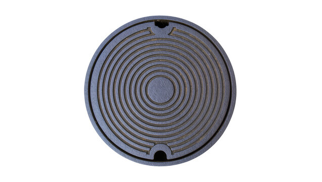 Isolated industrial circular metal manhole cover with a decorative concentric pattern, overhead shot