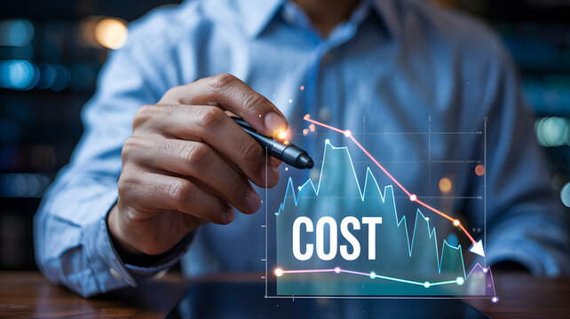 Man's hand pointing at decreasing cost graph with downward trend during business meeting