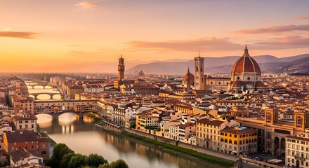 Obraz premium Panoramic view of historic Italian city river at sunrise