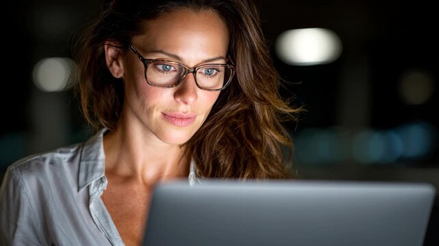 A young woman with glasses focuses on her laptop screen, occasionally smiling while working in a dark room. The computer screen casts a bright glow on her face late at night