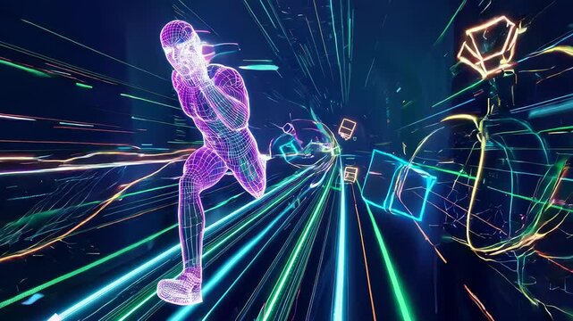 Digital man running fast through neon cyberspace. Abstract wireframe athlete moving in virtual reality. High speed data connection and cyber sport training visual.