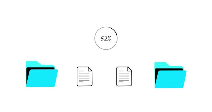 Two folders file transfer animation. File transfer from folder to folder, copying data on computer, transparent background footage fast file transfer animation