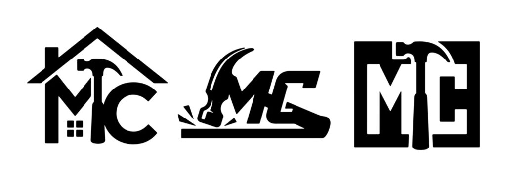 Construction Company Logos, MC Monogram with Hammer and House Icons, Black and White Vector Graphics for Building Industry Branding