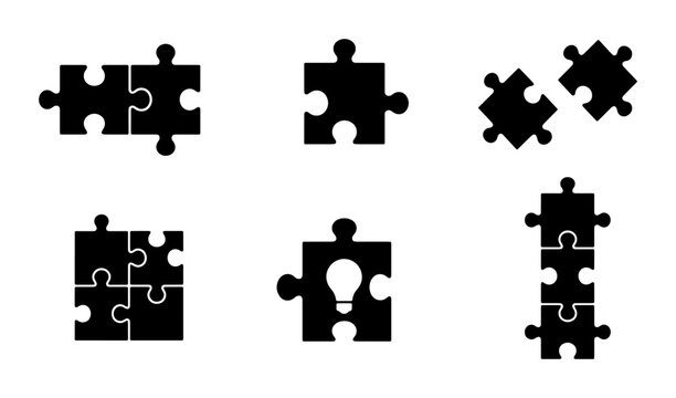 Puzzle Piece Icons, Solution Concepts, Teamwork Graphics, Problem Solving Elements, Connection Symbols, Idea Generation, 6 Vector Set