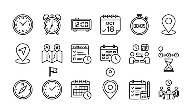 Time and location scheduling thin line icon set with clocks maps and calendars editable stroke vector