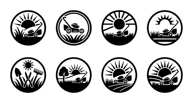 Lawn Mower Icons Set, Gardening Symbols Collection, Outdoor Maintenance Vector Graphics, Sunny Day Landscape Emblems