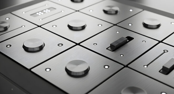  High end studio audio mixing console with brushed grey metallic surface, rotary dials, horizontal fader sliders, and indicator lights in modern minimalist control room interface