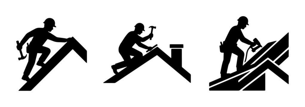 Roofing Construction Icons, Building Repair Silhouettes, Construction Worker Symbols, Home Improvement Graphics, Set of 3