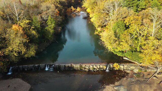 Above Natural Dam Falls Within The Ozark National Forest In Arkansas, United States. Aerial Drone Shot