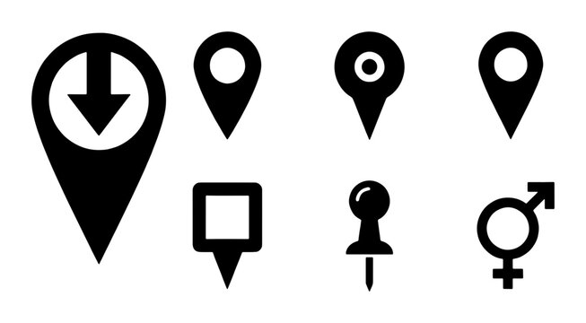 Location Pin Icons Set, Navigation Markers, Map Pointers, GPS Symbols, Destination Icons, Geo Tag Graphics, 8 Vector Elements