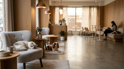 Cozy Pet Cafe Interior with Relaxing Dog and cat 
